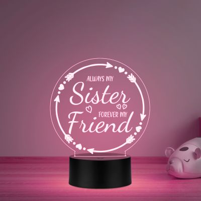 Always My Sister Forever My Friend Heartfelt Quote Acrylic Night Light for Bedroom   Meaningful Birthday & Wedding Gift for Sisters   Multicolored Light & USB Powered